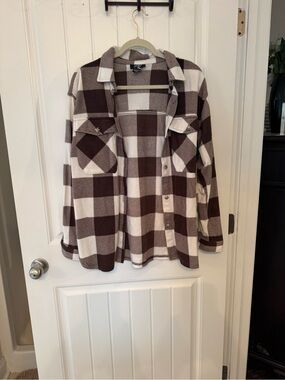 Brown and White Buffalo Plaid Button-Front Shacket